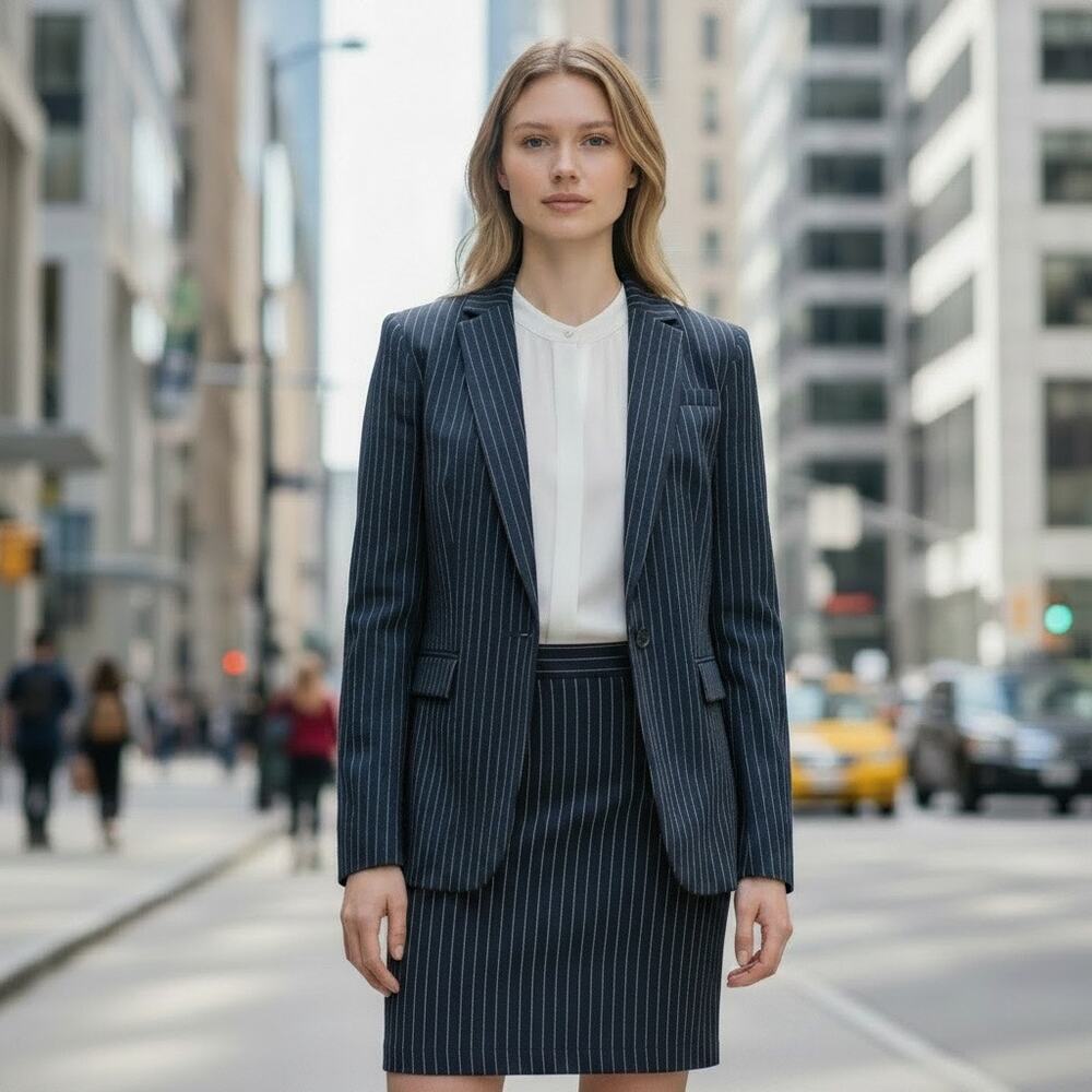 Banana Republic Women's Navy Suit Blazer White Pinstripe Sz 2 MSRP $198 NWT